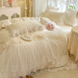 Double Layer Lace Ruffles Princess Wedding Bedding Set 100S Egyptian Cotton Duvet Cover Quilted Bedspread Bed Skirt Pillowcases