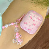 Cute Pink Flower Pattern Headphones Case For Airpods 4 Pro 2nd 3rd Generation Soft Cover For AirPods 1 2 3 With Pearl Keychain