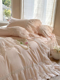 1200TC Egyptian Cotton Lace Ruffles Princess Wedding Style Pink Bedding Set Duvet Cover Flat/Fitted Bed Sheet Pillowcases 4Pcs