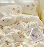 3/4Pcs Washed Cotton Skin-friendly Soft Princess Rose Towel Embroidery Flowers Bedding Set Soft Duvet Cover Bed Sheet Pillowcase