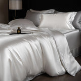 Silk Bed Sheets Set Luxury Bedding Set with Duvet Cover Fitted/Flat Bedheet Pillowcases Mixed with Rayon King Queen Full Twin