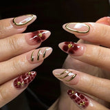 24Pcs Zebra Stripe Press on Nails Dark Brown with Gold Beads Fake Nails Almond Shape Nail Art French Style False Nails for Fall
