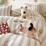 Cute Cartoon Embroidery Stripe Bedding Set Washed Cotton Soft Four Piece Sets Pillowcase Duvet Cover Set 200x230cm Home Textiles