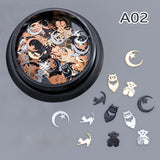 Halloween Nail Sequins 3D Nail Charms Witch Spider Net Black Cat Bat Pumpkin Black Gold Metallic Flakes Nail Art Sequins Decor