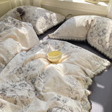 100% Brushed Cotton Bedding Set French Vintage Floral Duvet Cover Black Lace Trim Soft Pure Cotton Bed Sheet Pillowcases 4Pcs