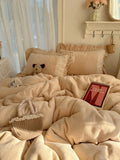 Princ Sle Coral Fce Bedding Set with Lace Milk Velvet Floing Skin-friendly Four-piece Bedding Set French Sle Acti...