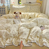 Princess Style Cartoon Floral Ruffles Bedding Set Washed Cotton Duvet Cover Bed Sheet Pillowcases Single Full Queen Size 3/4Pcs