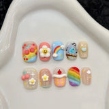 10pcs Sweet Cool Y2K Style Press on Nails 3D Cartoon Fake Nail Bow Heart Hand Painted False Nails Short Colorful Almond Nail Art