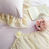 Princess Wedding Bedding Set Korean Style Lace Flowers Embroidery Duvet Cover Bed Sheet/Fitted Sheet/Bed Skirt Pillowcases 4Pcs