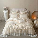French Princess Bedding Set 4PCS Luxury All Cotton Lace Duvet Cover Set with Quilted Bedspread, Elegant Bedding Queen King Size