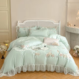 Rose Flowers Embroidery Lace Ruffles Bedding Set Lyocell Cotton Soft Silky Cooling Duvet Cover Flat/Fitted Bed Sheet Pillowcases