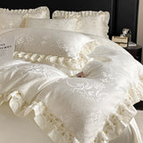 Beige Jacquard Satin Cotton Bedding Sets Luxury Lace Embroidery Duvet Cover Flat or Fitted Bed Sheet Pillowcases Home Textile