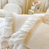 White Princess Wedding Bedding Set 100% Cotton Double Layer Lace Ruffles Duvet Cover Bed Sheet Pillowcases Solid Color Bed Sets