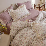 Double Layer Lace Ruffles 100% Cotton Princess Style Bedding Set Single Queen King Size Floral Duvet Cover Bed Sheet Pillowcases