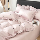 Korean Pink Heart Duvet Cover Sets For Girls New Blue Dot Ruffles Bedding Sets 4PCS Queen Size for Bedroom Guest Room