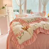 Fashion Flower Bedding Set Bed Sheet Cute Princess AB Double Sided Ruffle Flower Quilt Cover Pillowcase Bedclothes Home Textiles