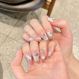 10Pcs Handmade Press on Nails Full Cover Heart Butterfly Shiny Cat Eye Design Rhinestone Ballerina False Nails Wearable Manicure