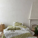 French Romantic 100% Cotton Washed Cotton Bedding Set White Flowers Lace Ruffles Duvet Cover Bed Skirt Pillowcases 4Pcs