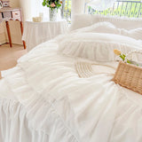 4/6Pcs White Pink Sweet Princess Wedding Bedding Sets Luxury Chiffon Lace Ruffle Duvet Cover Set Bedspread Bed Skirt Pillowcases