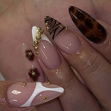 Leopard Print Press on Nails French Acrylic Nail French Design Press on Nails Leopard Print Gold Beads Nails Set Press on Almond
