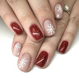 24pcs Shiny Powder Full Cover Nail Art French Red Short Square Fake Nails Christmas Snowflake False Nail Reusable Press on Nails