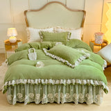 3/4Pcs Warm Milk Velvet Bedding Set Luxury Princess Flowers Lace Edge Duvet Cover Bed Skirt Bedspread Pillowcase Home Textile