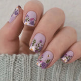 24pcs Sweet Cool False Nails Gradient French Fake Nail Tips with Purple Flowers Design Short Square Press on Nails Colorful Nail
