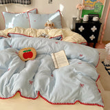 Ins Cream Style Bedding Set Red Embroidery Bow Triangular Needle Stitching Double-layer Yarn Soft Comfortable Bedroom Decoration