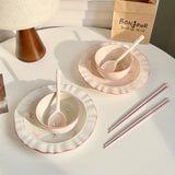 6Pcs Bow Ceramic Set, Cute Food Bowl and Plate Combination Rice Bowl, Household Plate and Spoon, Suitable for Daily Use, Office Meal, Breakfast Rice Bowl and Spoon, Student Dormitory Meal, Travel and Business Trip, Outdoor Pi