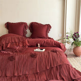 Pink Egyptian Cotton Princess Wedding Bedding Set Luxury Lace Ruffle Flowers Duvet Cover Sets Bed Sheet Pillowcases Home Textile