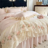 4Pcs Princess Wedding Bedding Set Korean Style Lace Flowers Embroidery Duvet Cover Bed Sheet/Fitted Sheet/Bed Skirt Pillowcases