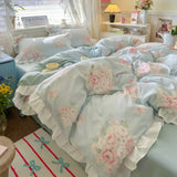 4Pcs Korean Princess Style Floral Ruffles Bedding Set Single Queen Size Soft Skin-friendly Washed Cotton Duvet Cover Pillowcase