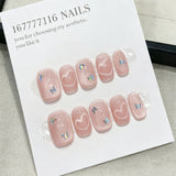 10Pcs Cute Girl Short Square Press on Nails Pink Cat Eye Nail Aurora Butterfly Strawberry Polka Dot Heart Fake Nail Tips Daily