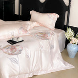 Pink Flower Embroidery Luxury Bedding Set Lyocell Soft Silky Antimicrobial Duvet Cover Flat/Fitted Bed Sheet Pillowcases 4Pcs