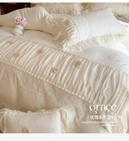 Korean Princess Style Lace Ruffles Wedding Bedding Set Soft Rose Flowers Four-Piece Set Duvet Cover Bed Sheet Pillowcase 4Pcs