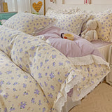 3/4Pcs Pastoral Floral Lace Ruffles 100% Cotton Bedding Set Single Queen Duvet Cover Bed Skirt/Bed Sheet/Fitted Sheet Pillowcase
