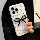 Ins Korean Polka Dot 3D Black Bead Bowknot Phone Case for iPhone 16 15 14 13 12 Pro Max Translucent Matte Back Cover Funda