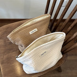 Handwoven Cotton Makeup Bag – Artistic Crochet Cosmetic Pouch with Zipper, Minimalist Clutch for Women