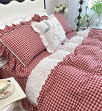 100% Cotton yarn-dyed Plaid Washed Cotton Ruffles Korean Princess Bedding Set Duvet Cover Quilted Bedspread Pillowcases 4Pcs