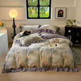 100% Cotton Korean Princess Style Flower Print Ruffles Bedding Set Queen Size Duvet Cover Flat/Fitted Bed Sheet Pillowcases 4Pcs