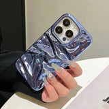 Plating Blue Glossy Water Ripple Phone Case For iPhone 16 15 14 13 12 11 Pro Max 16 Plus Soft Shockproof Back Cover