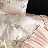 600TC Egyptian Cotton Pink Butterfly Print Pleated Ruffles Bedding Set Duvet Cover Bed Sheet/Fitted Bed Sheet Pillowcases 4Pcs