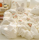 3/4Pcs Washed Cotton Skin-friendly Soft Princess Rose Towel Embroidery Flowers Bedding Set Soft Duvet Cover Bed Sheet Pillowcase