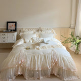 4Pcs Romantic Double Layer Lace Princess Wedding Bedding Set 100% Cotton Duvet Cover Bed Sheet Or Quilted Bedspread Pillowcases