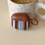 Blue and Brown Stripess + Ring Earphone Case Suitable for Apple for Airpodspro2 Case/For Airpodspro Case/For Airpods4 Case/For Airpods3 Case/For Airpods2 Case/Fashionable Women's Earphone Case/Simple Earphone Case