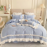 Elegant Lace Bedding Sets Luxury Bed Linen Korean Princess Style Washed Cotton Ruffle Duvet Cover Bed Sheet Pillowcases for Girl