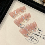 10Pcs Handmade Press on Nails Full Cover Glitter Gold Cat Eye Rhinestone Leaf French Ballet Almond Fake Nails Wearable Manicure