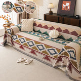 1PC-Retro Bohemian ethnic sofa cover, pet friendly scratch resistant sofa protector with colorful patterns and fringed edges