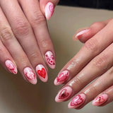 French Almond False Nails Retro Flowers Wearable Hand Drawn Press on Nails for Woman Datachable Full Cover False Nails Tips