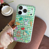Cute Animal Green Grid Pattern Cartoon Laser Glitter Phone Case for iPhone 13 14 16 15 17 Pro 17ProMax Shockproof Clear Cover